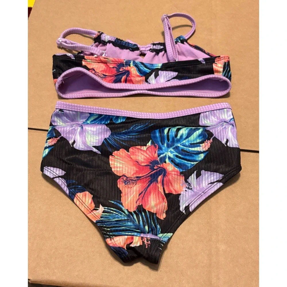 Justice 3-Piece Swimsuit Kids XS 5/6 Black Floral Good Ribbed Tropical Set